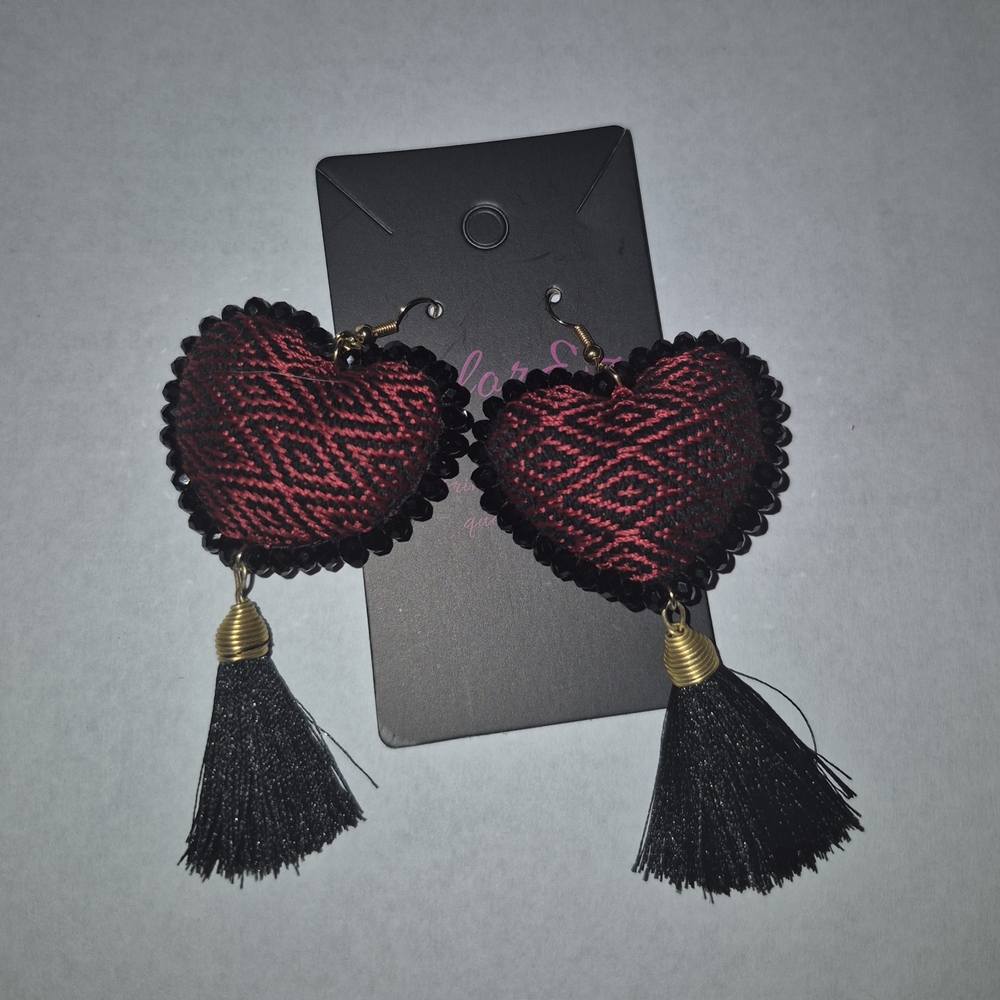 Heart-Shaped Red and Black Earrings with Tassels